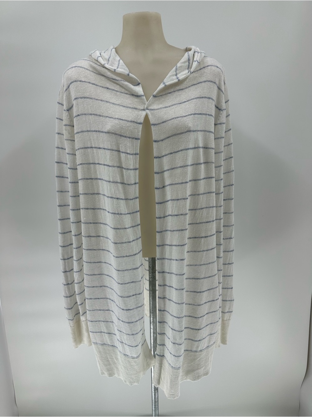 Cynthia Rowley Linen Blend Hooded Open Cardigan Sweater XL White Navy Striped